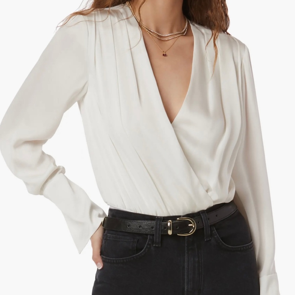 Favorite Daughter Surplice Long Sleeve Satin Bodysuit